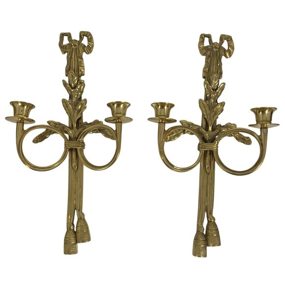PAIR Ornate Bow Ribbon/Tassel Horn Vintage Brass Wall Sconce Candle Stick Holder - Picture 1 of 6